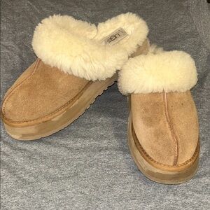 UGG Chestnut Suede Shearling Mule Slippers with Cream Collar
